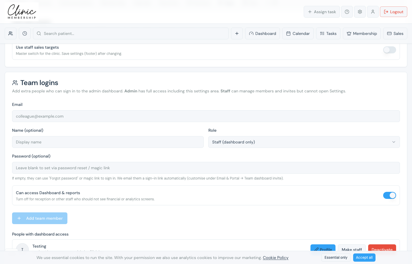 Team logins form in Team settings