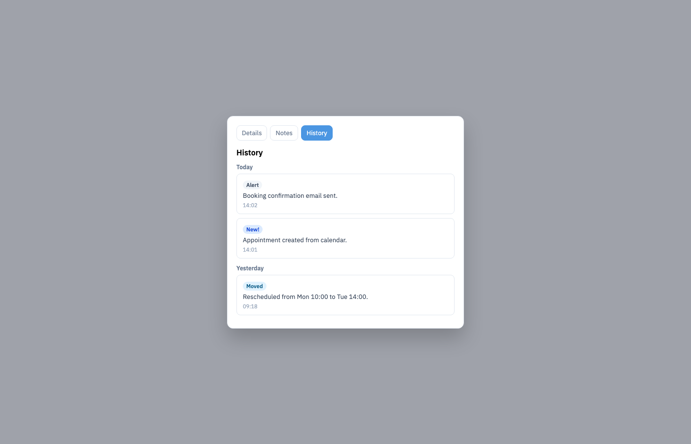 Appointment edit panel History tab with booking and email events