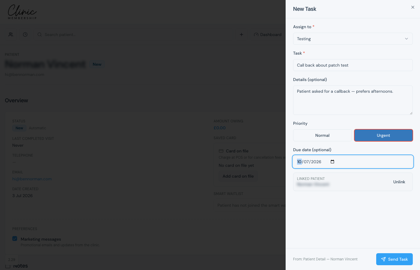 New Task panel on a patient card with assignee, task, priority, due date, and linked patient