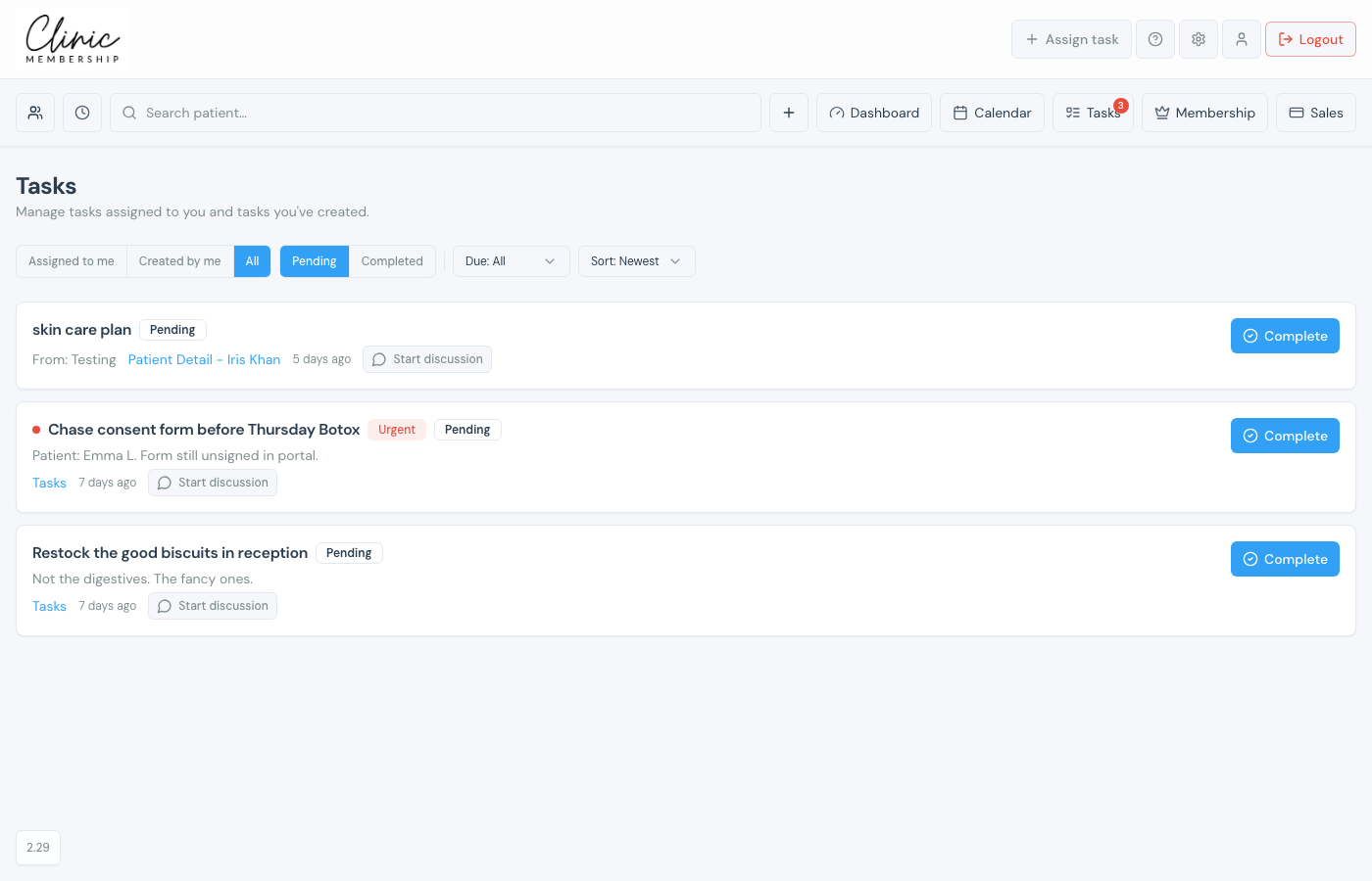Tasks page with filter bar and pending task list