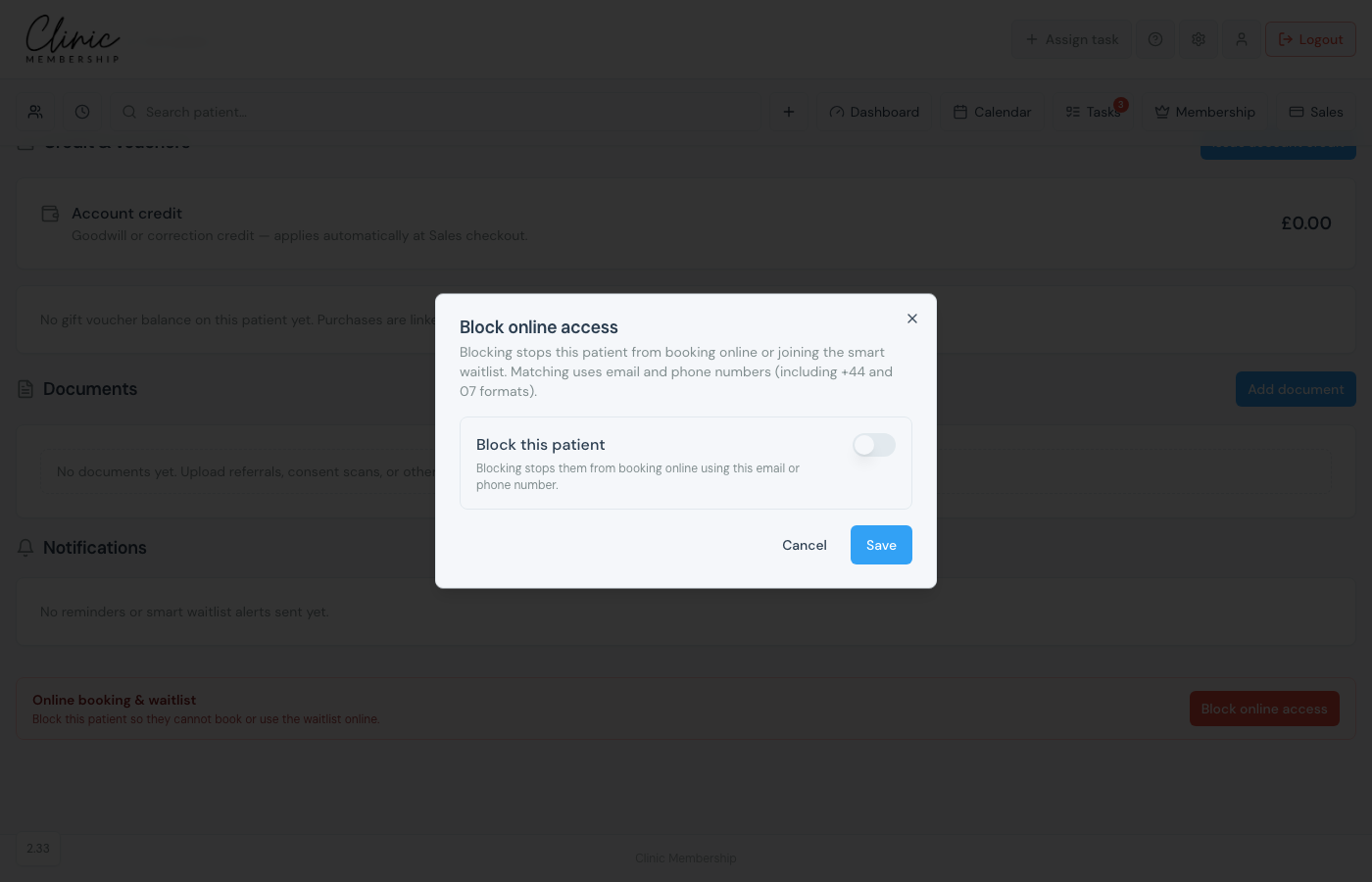 Block online access dialog with Block this patient toggle