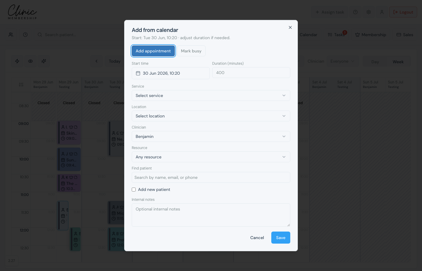 Calendar appointment composer with service, location, clinician, and patient search