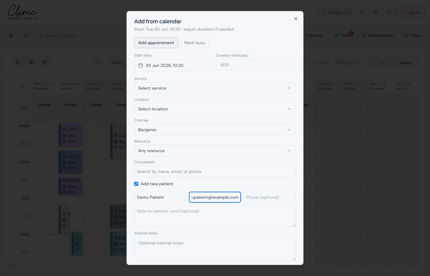 Calendar Add appointment with Add new patient ticked and name and email fields