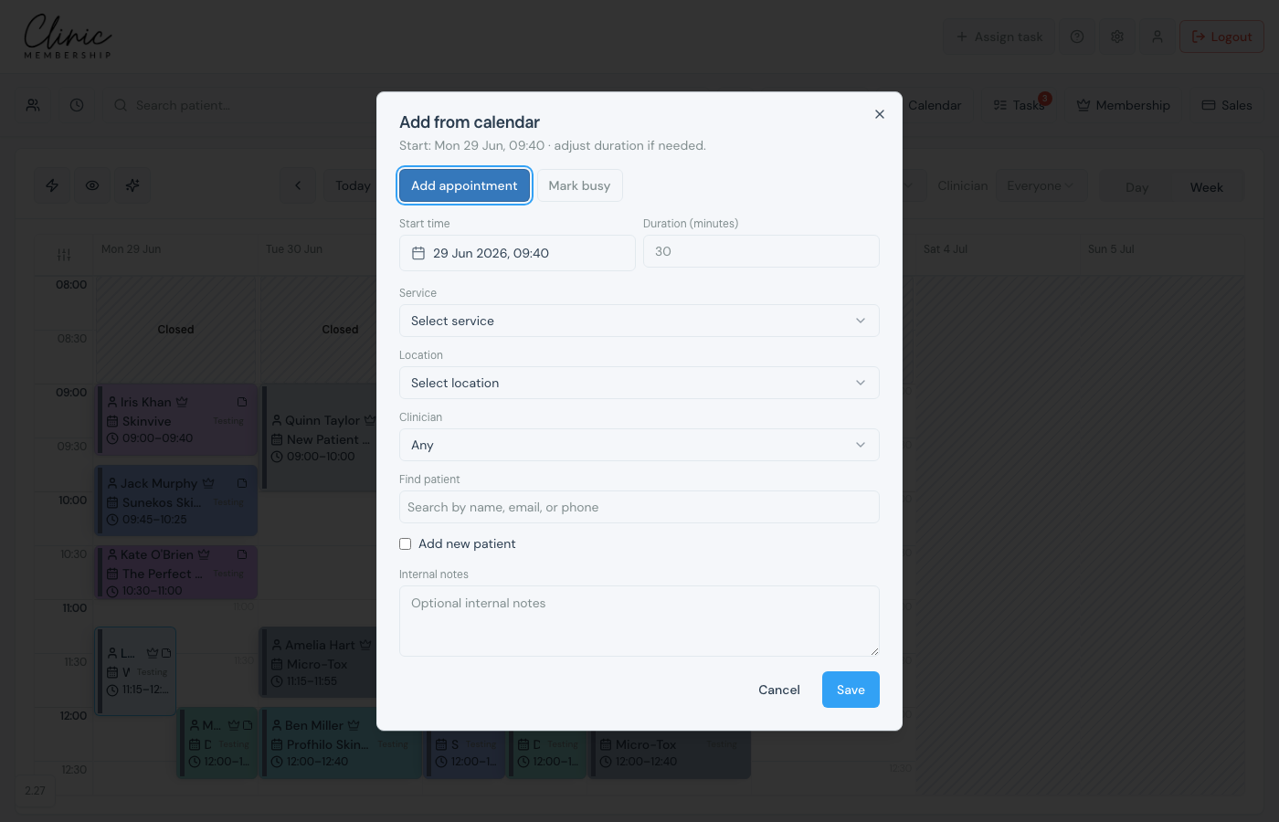 Calendar appointment composer with Location and Clinician fields