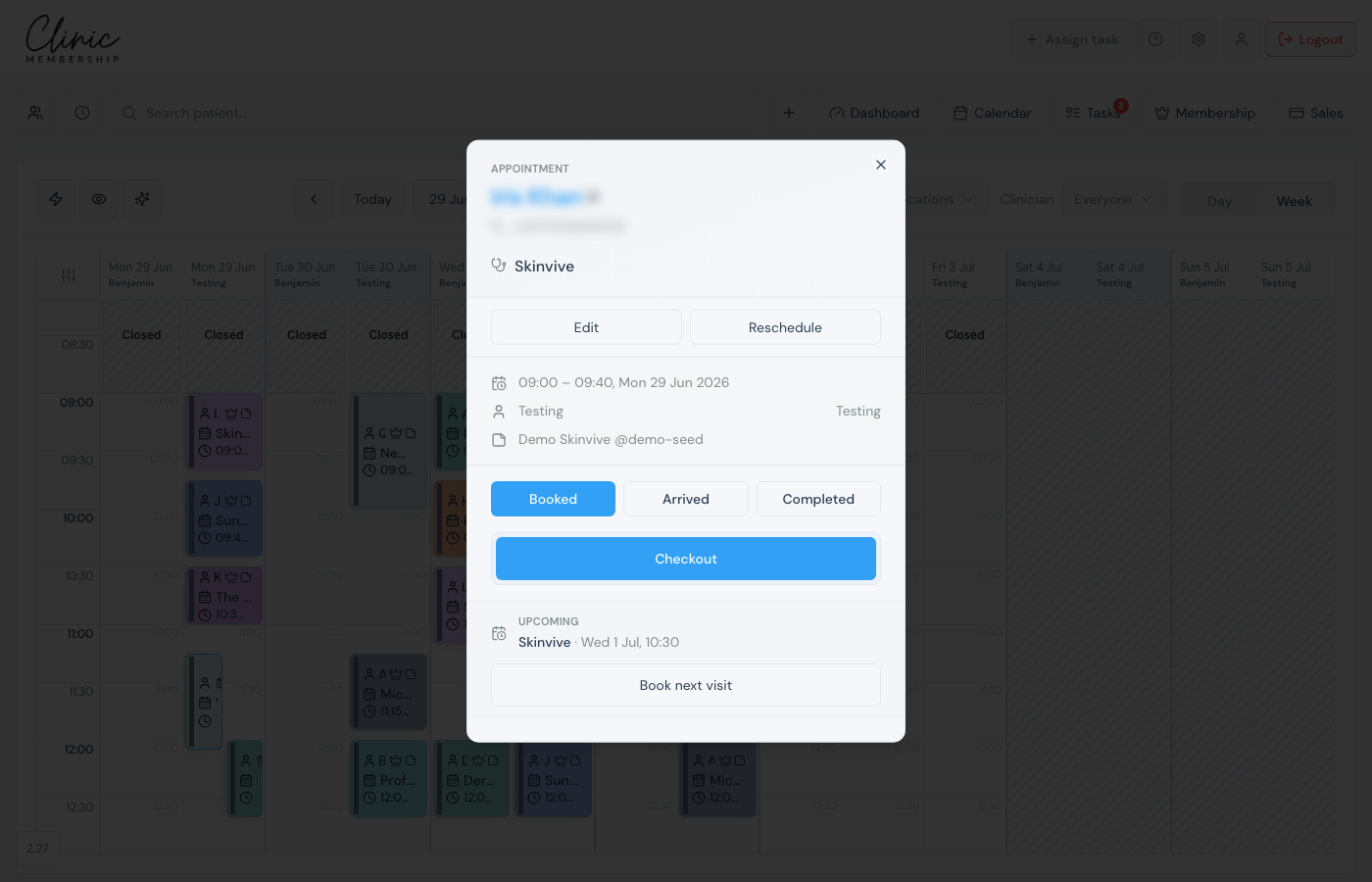 Appointment card footer with Book next visit button