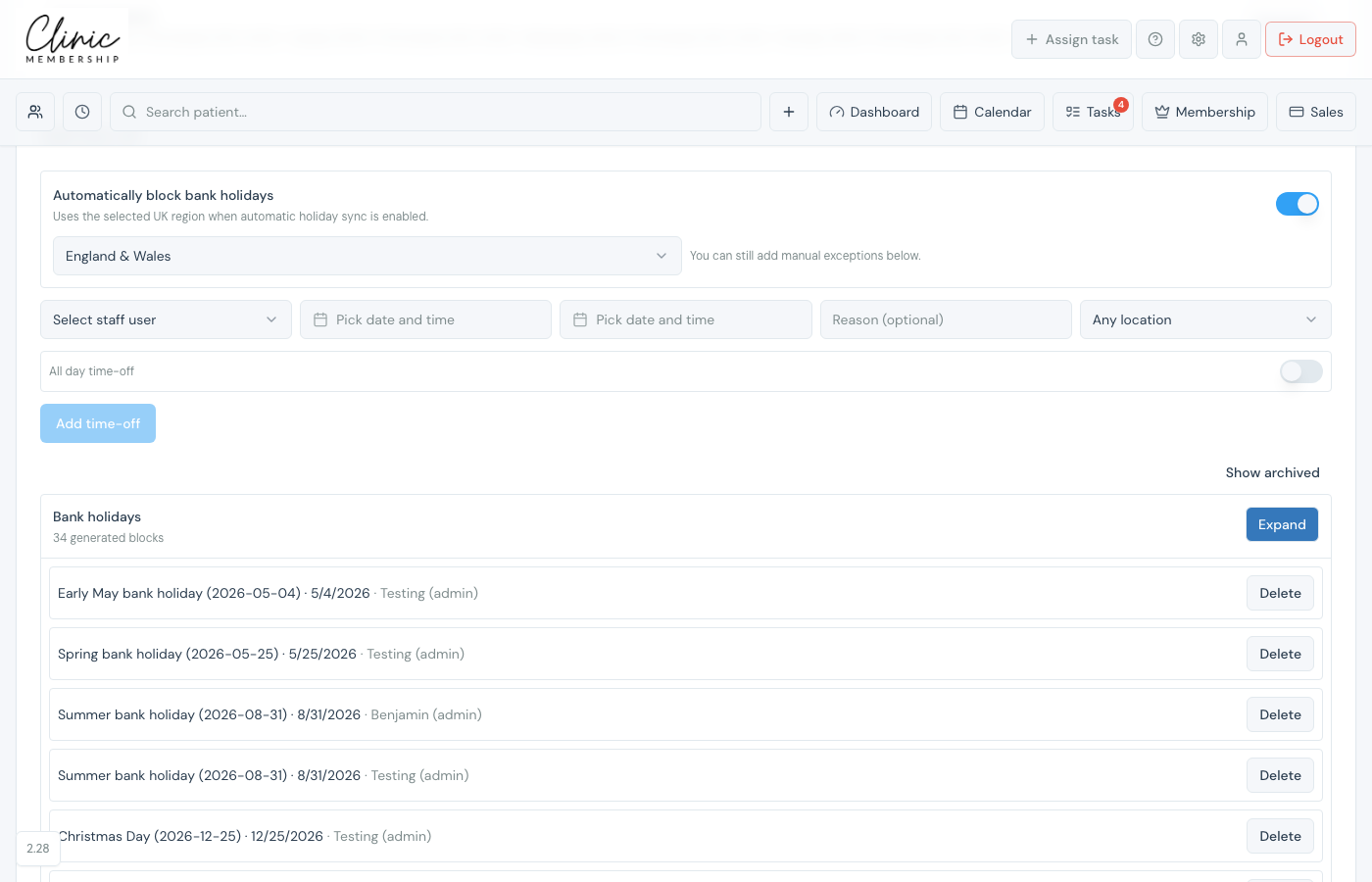 Automatically block bank holidays switch, UK region selector, and expanded list of generated bank holiday blocks