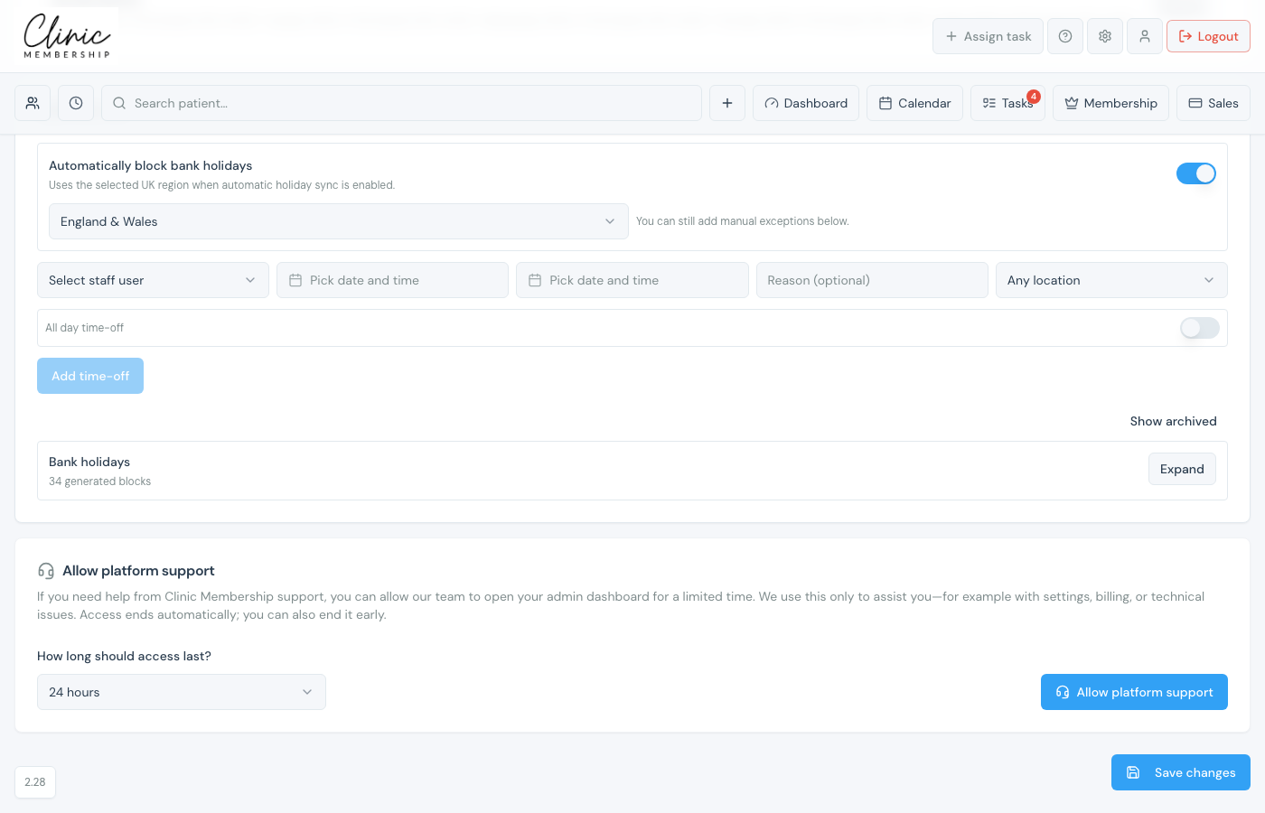 Manual staff time-off form with staff picker, dates, reason, and location