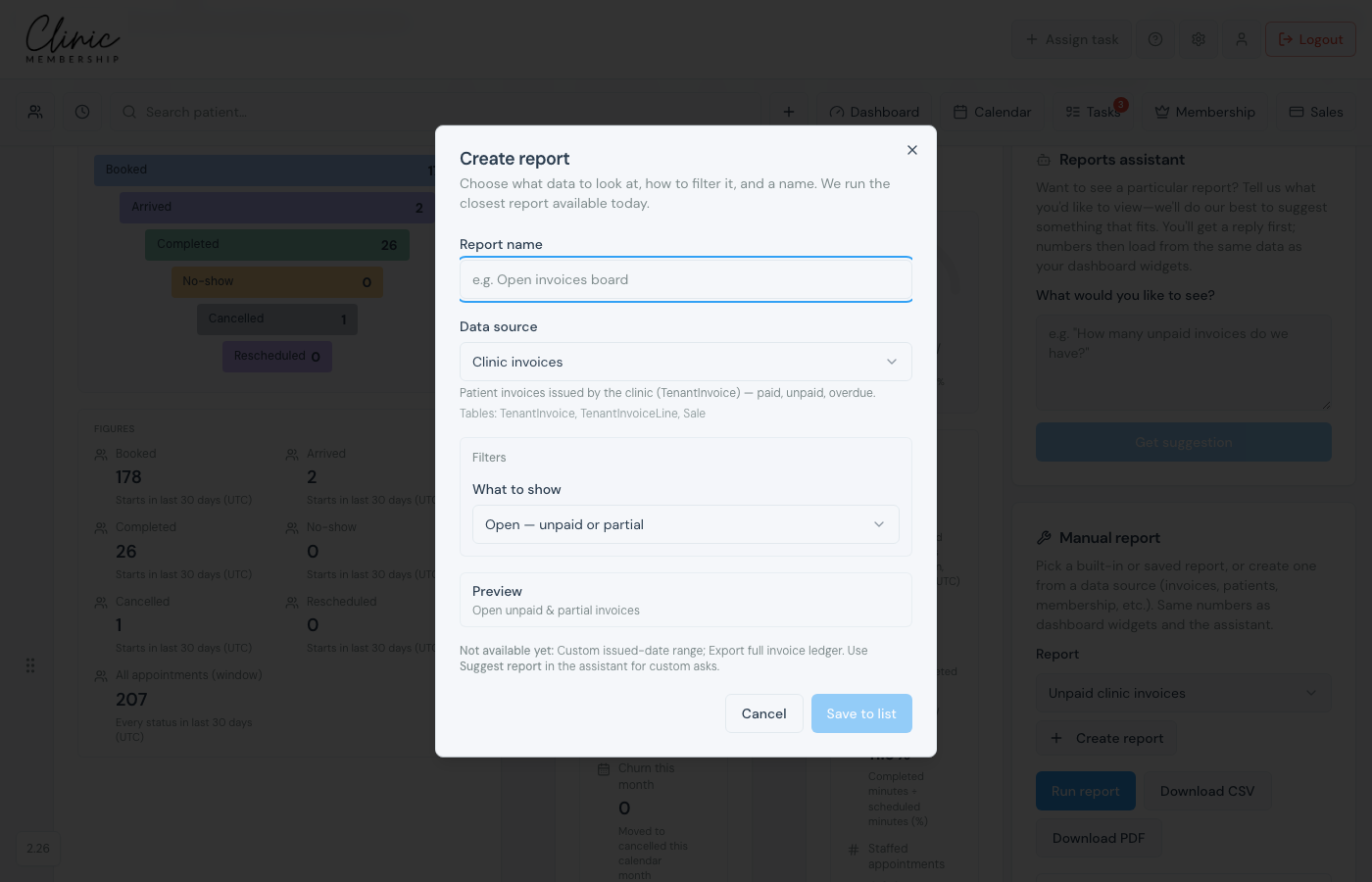 Create report dialog with data source and filters