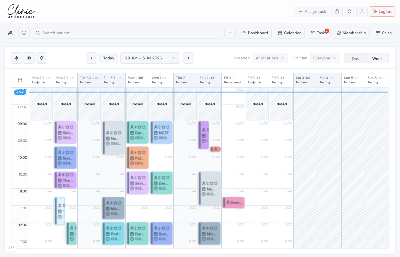 Admin calendar week view with Location and Clinician filters and split columns per clinician