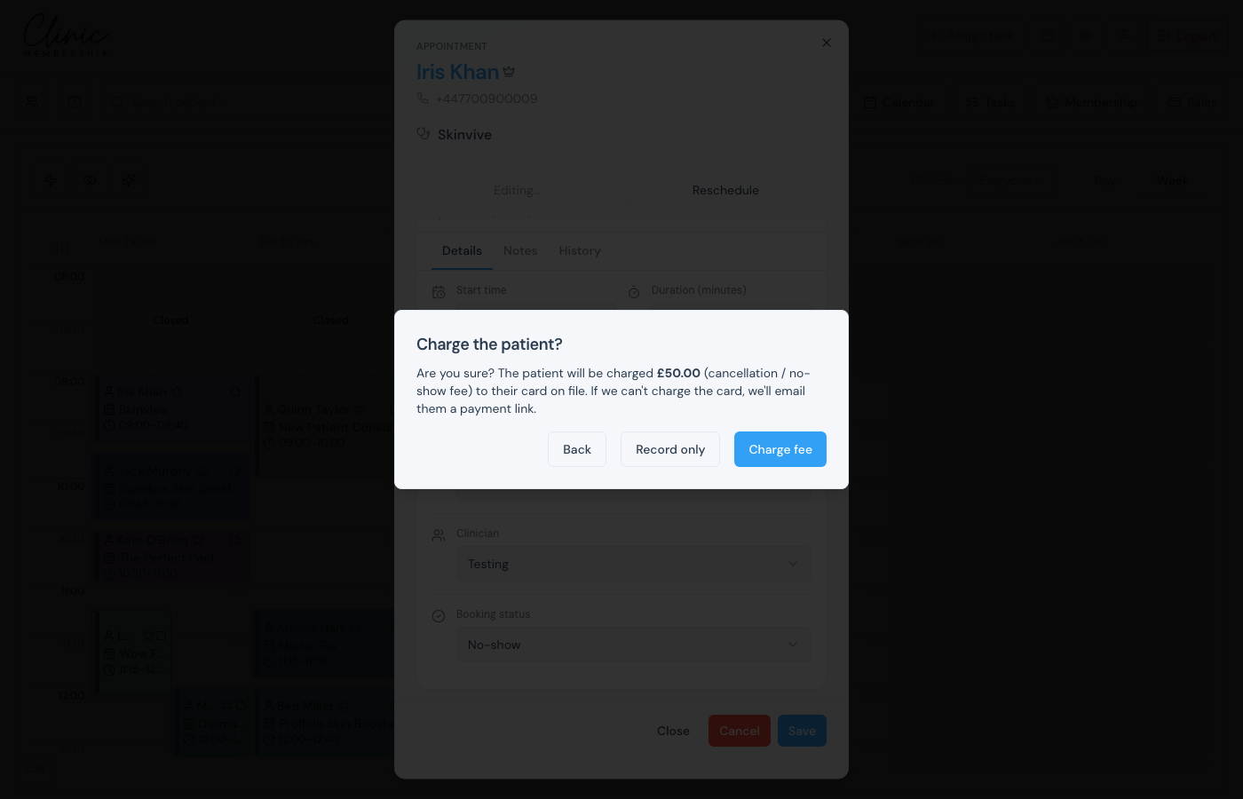 Charge the patient dialog with Record only and Charge fee options