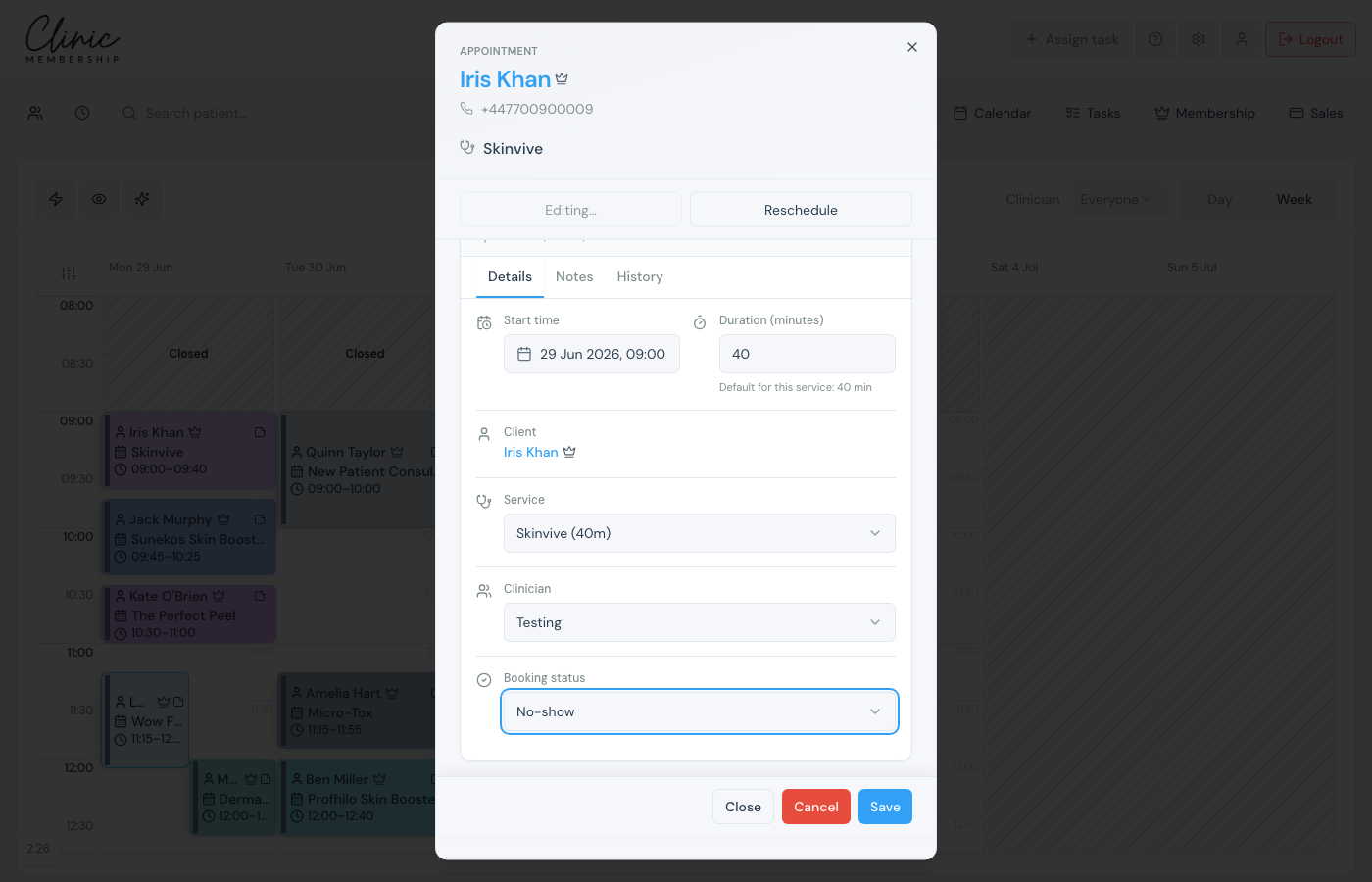Edit appointment dialog with Booking status set to No-show