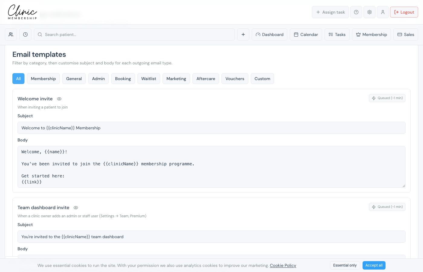 Email templates in Communications settings with category filters and the Welcome invite template
