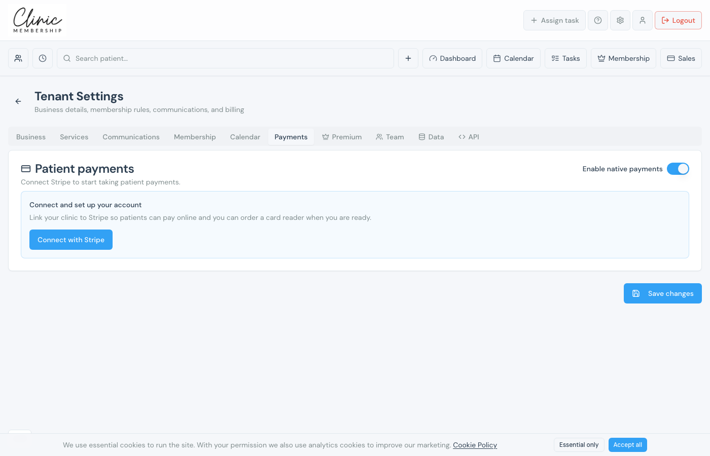Connect with Stripe button in Patient payments settings