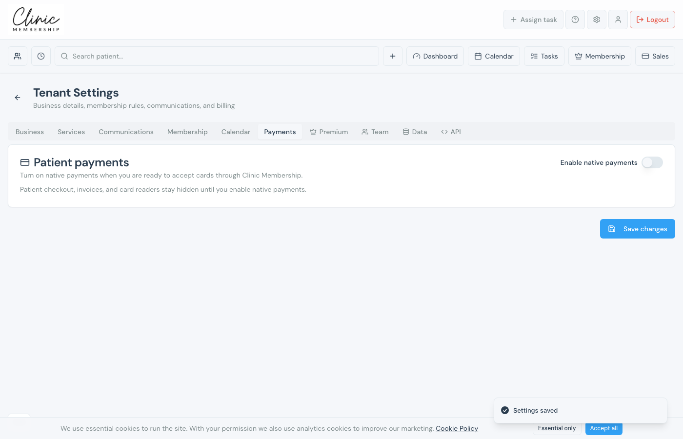 Patient payments card with Enable native payments toggle