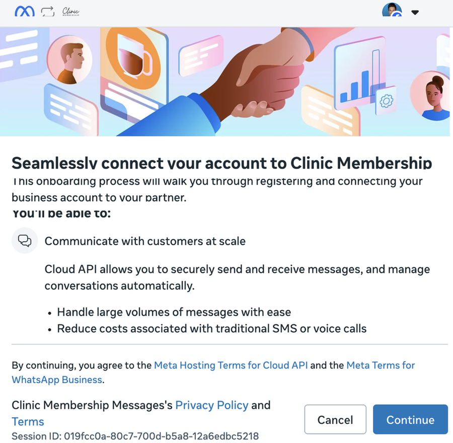 Meta onboarding screen to connect Clinic Membership
