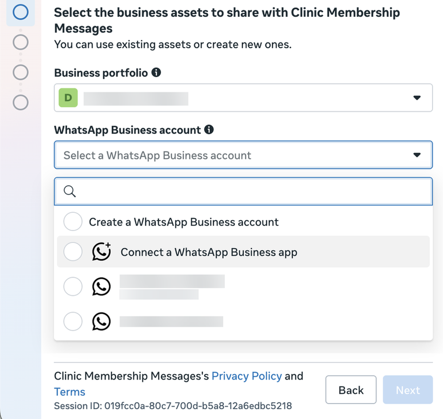 Meta screen selecting Connect a WhatsApp Business app