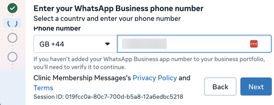 Meta screen to enter WhatsApp Business phone number