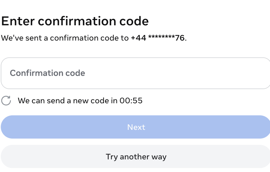 Meta confirmation code entry dialog