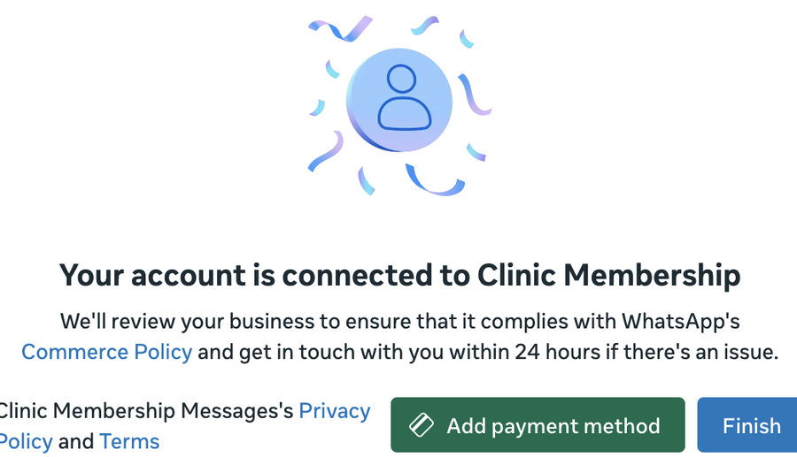 Meta connected screen with Add payment method and Finish