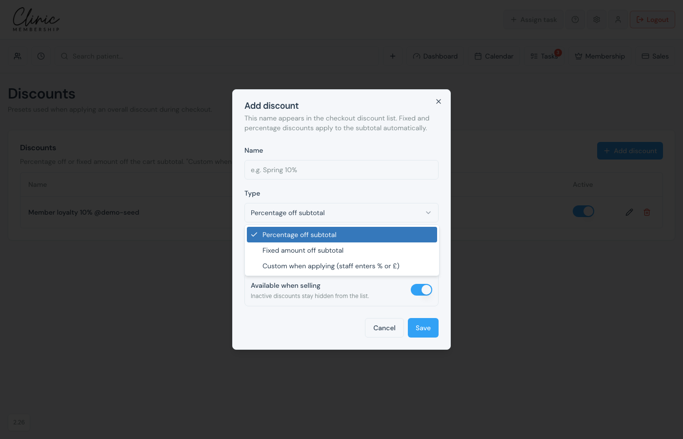 Add discount dialog with percentage, fixed amount, and custom type options
