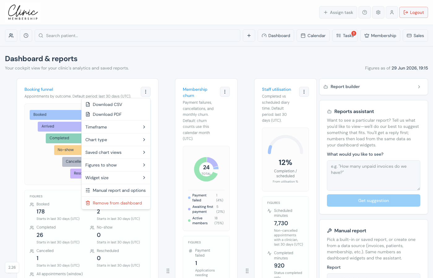 Dashboard widget three-dot menu showing export and display options