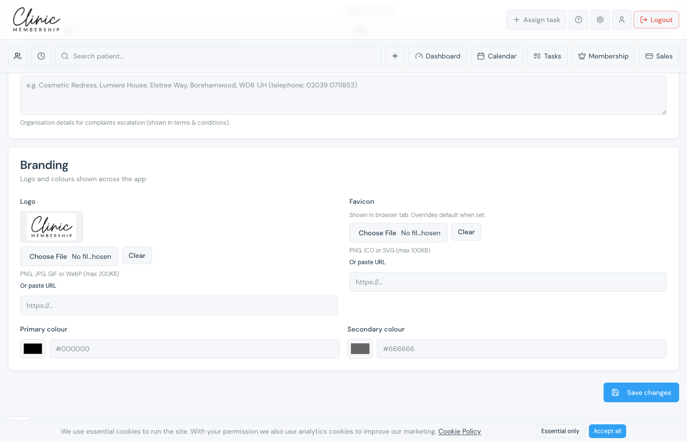 Branding section with logo upload in business settings