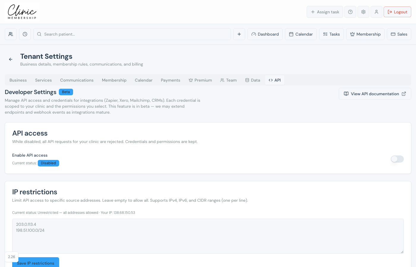API settings with enable toggle and credential creation