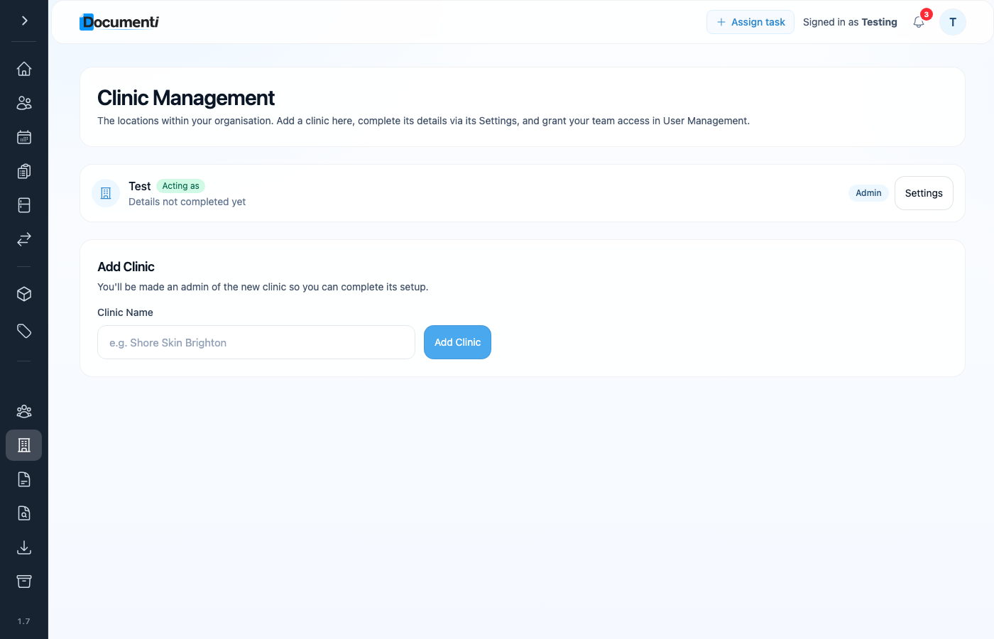 Documenti Clinic Management page with Add Clinic form