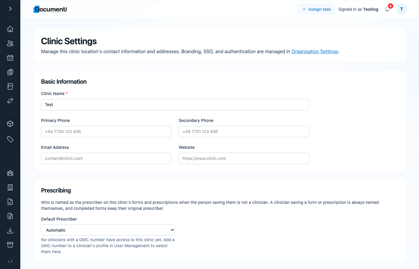 Documenti Clinic Settings with Basic Information fields