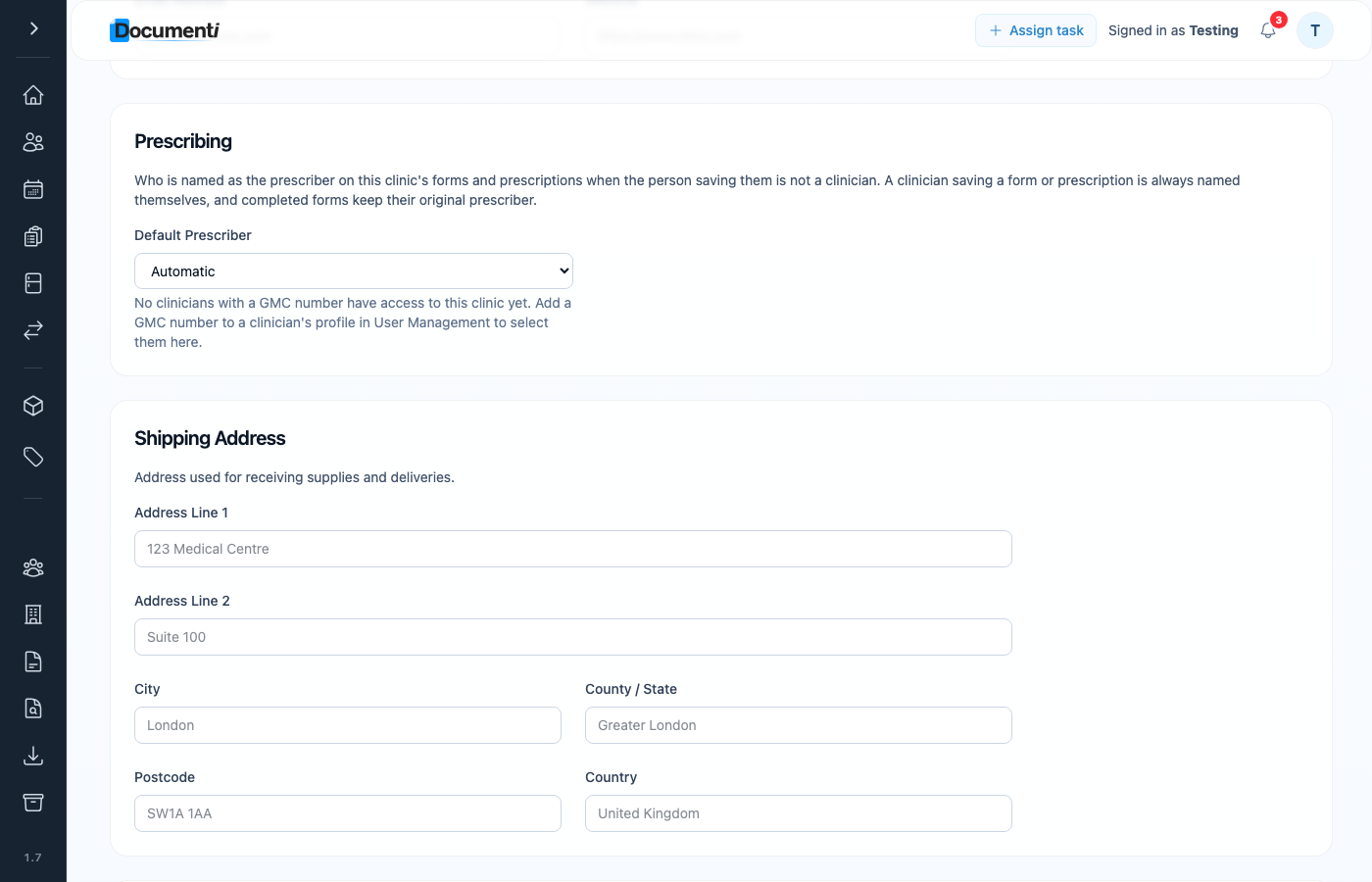 Documenti Clinic Settings Prescribing section with Default Prescriber dropdown