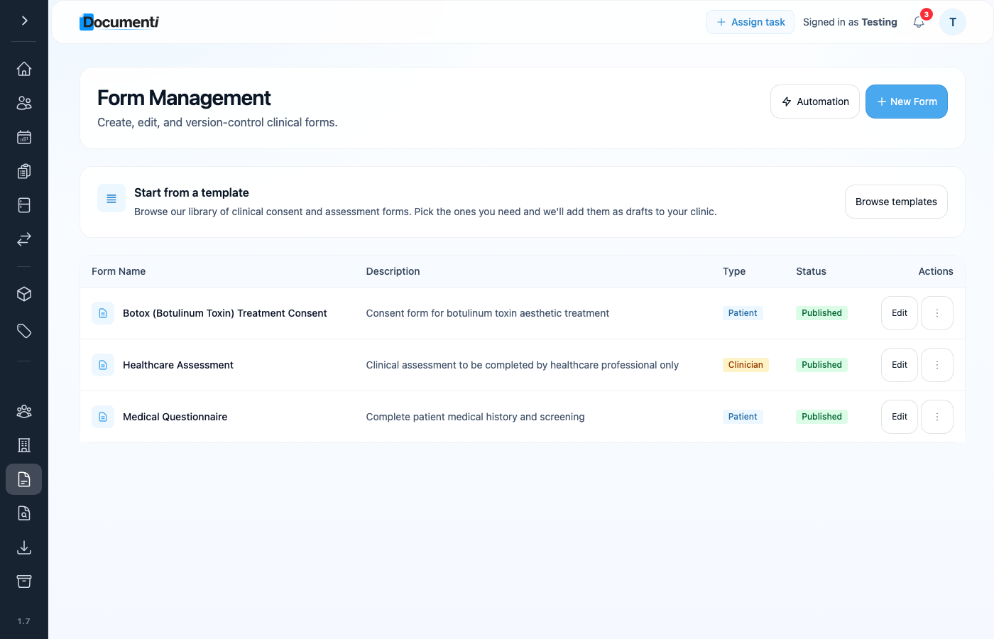 Documenti Form Management page with Automation button in the header row
