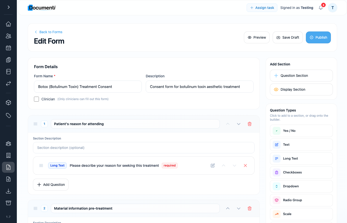 Documenti form editor with Preview and Publish actions on the right