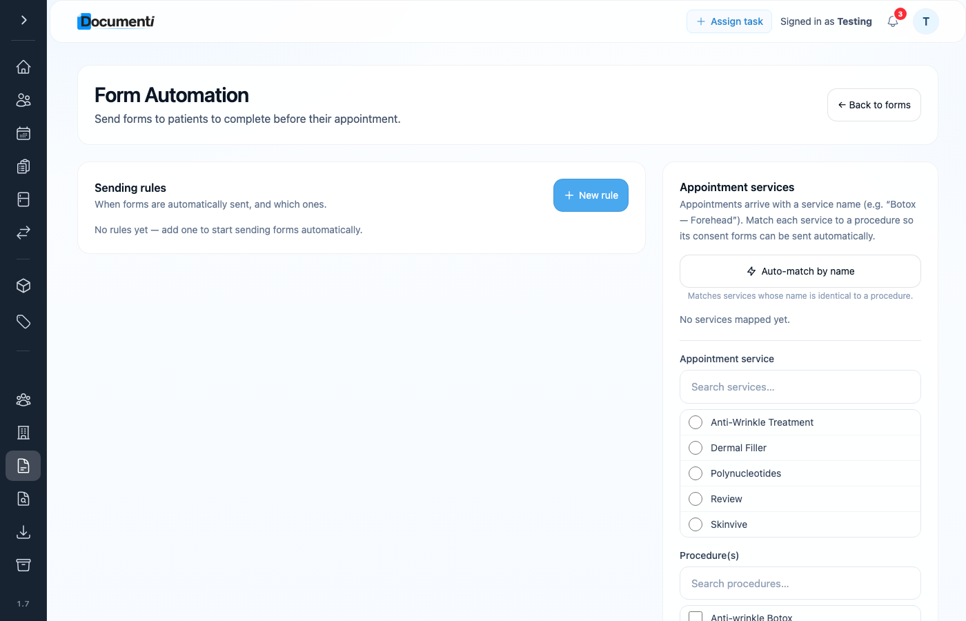 Documenti Forms automation Sending rules section