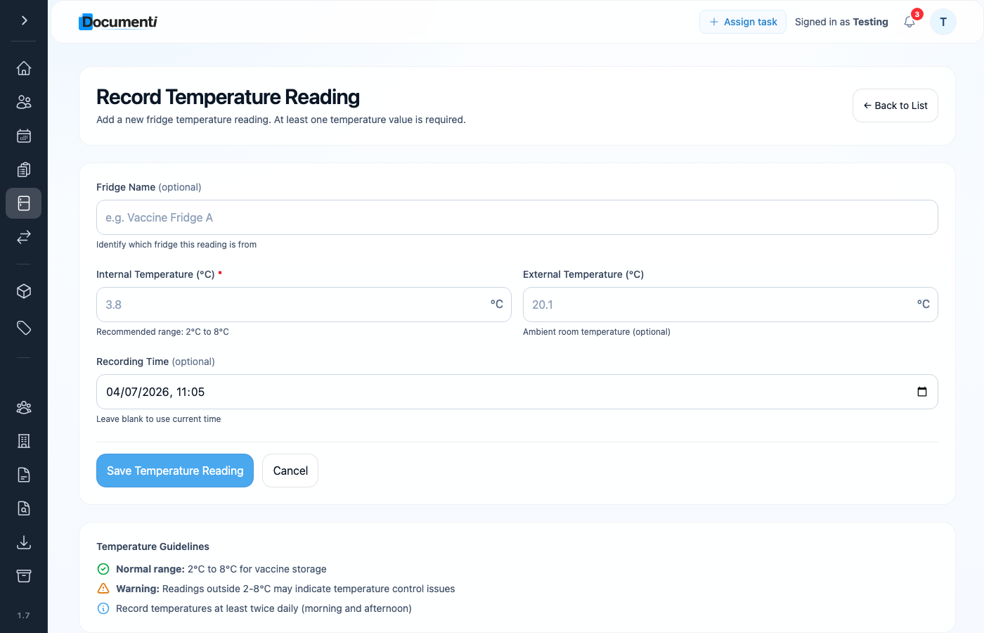 Documenti Record Temperature Reading form with internal and external fields