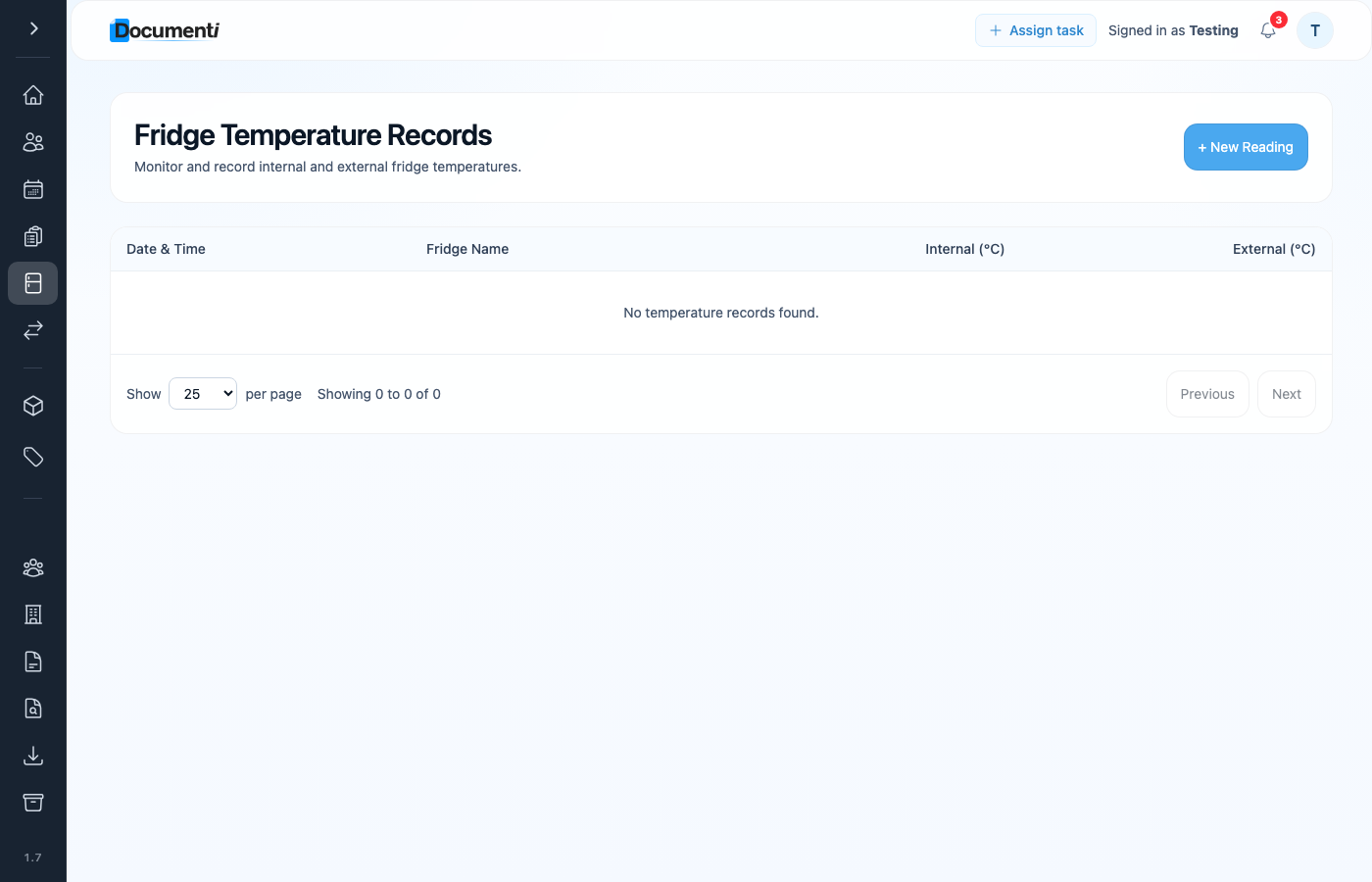 Documenti Fridge Temperature Records list with New Reading button