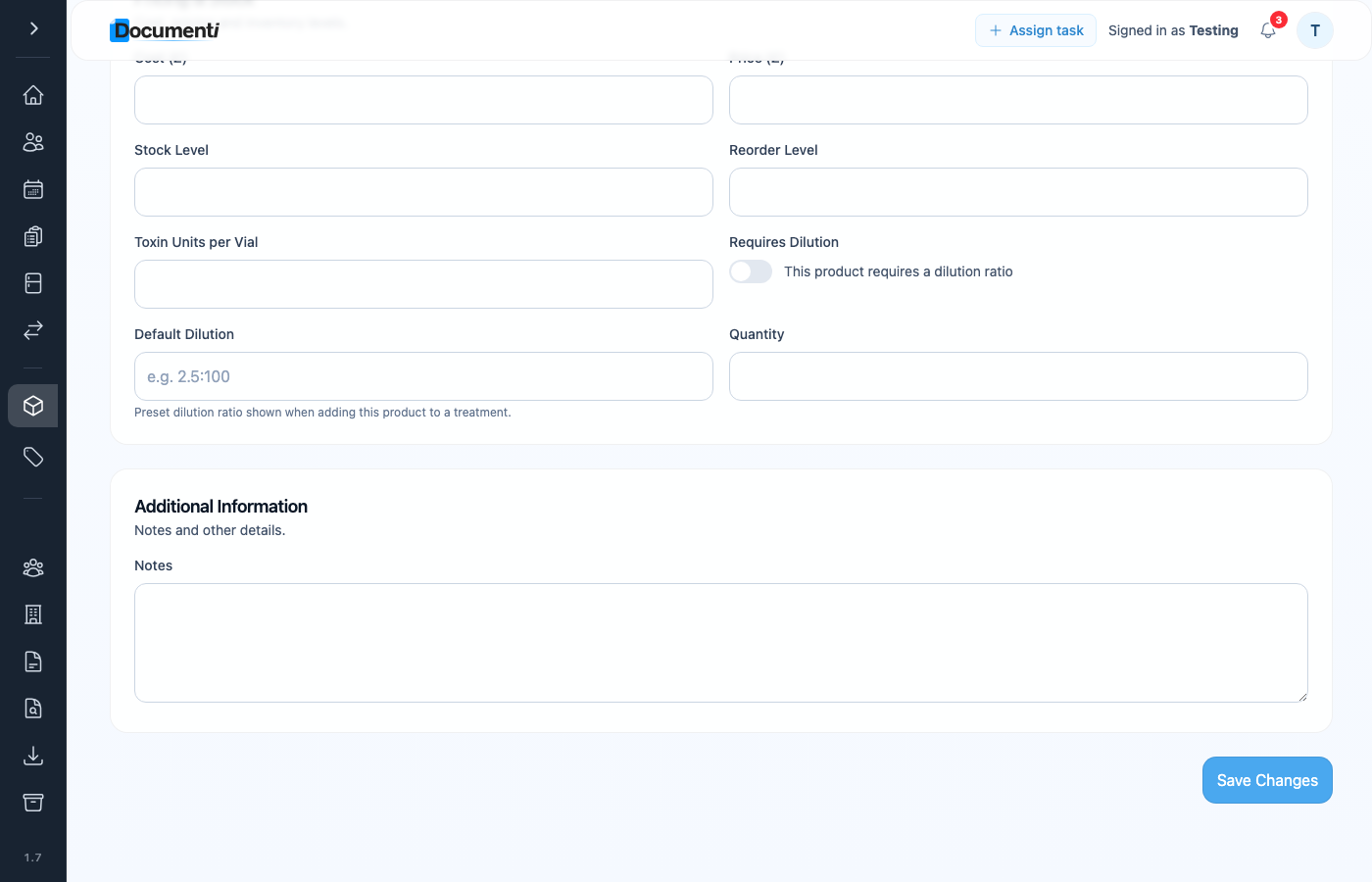 Documenti product form with Requires Dilution toggle and Default Dilution field