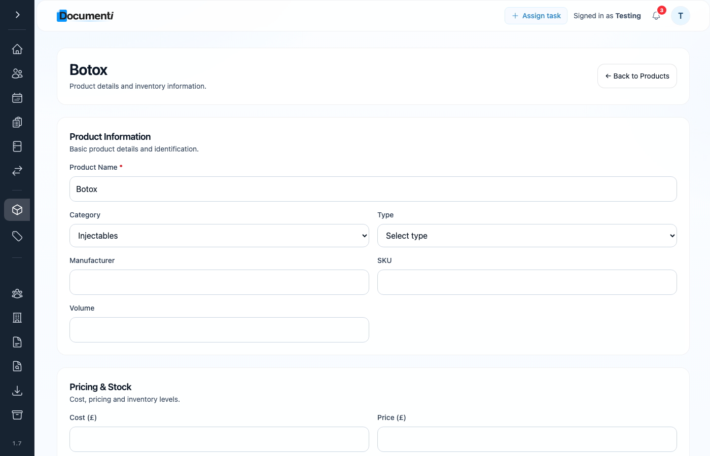Documenti product edit form showing Product Information fields
