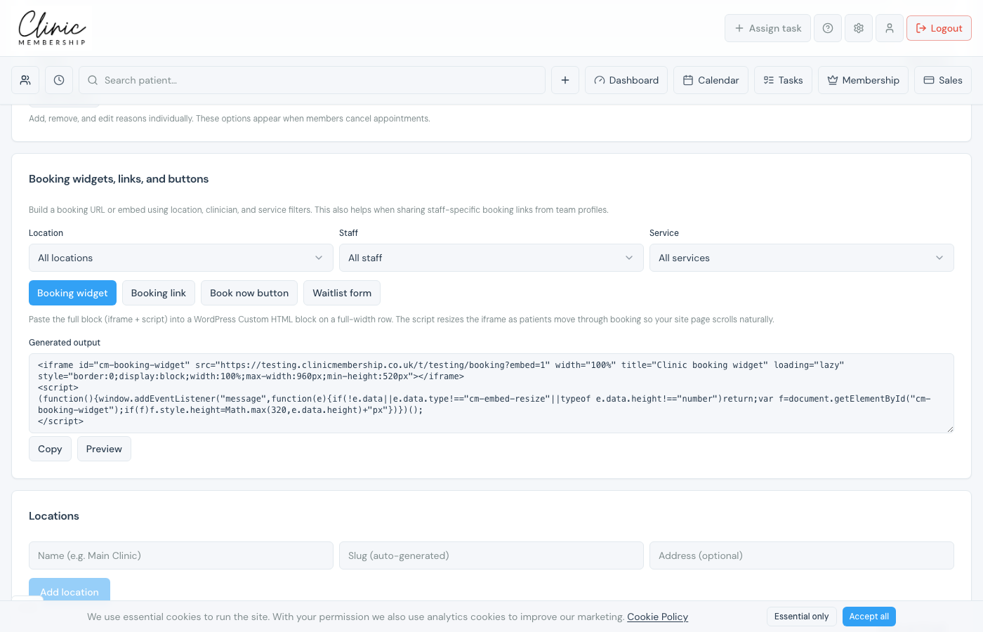 Online booking page builder with link and embed options