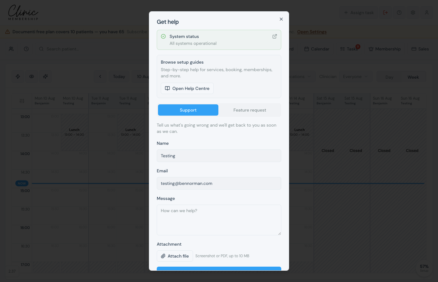 Get help dialog with Open Help Centre, Support, and Feature request