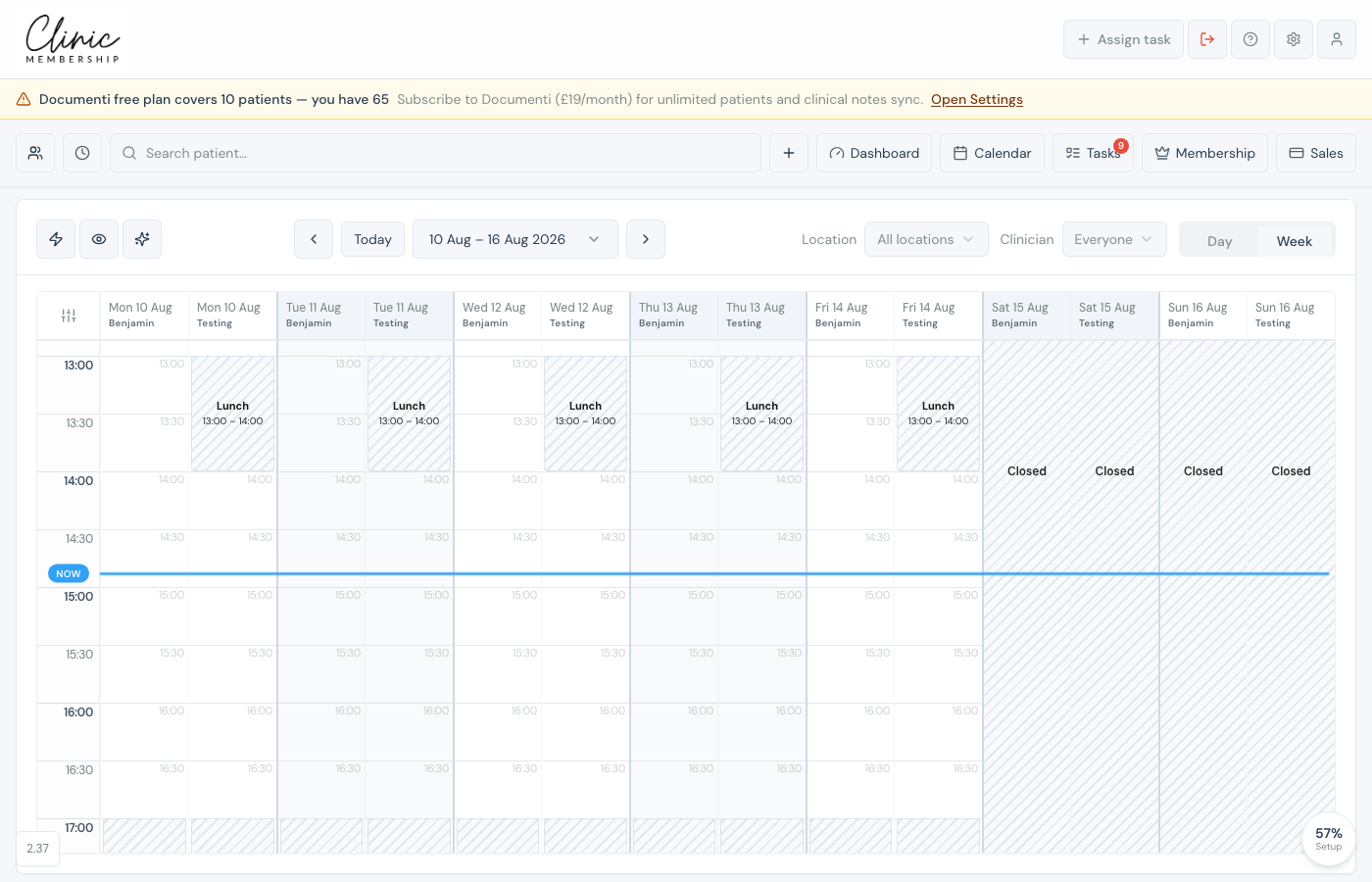 Floating setup progress badge showing percent complete on the admin calendar