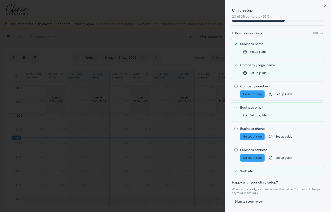 Clinic setup helper sheet with Go set this up and Set up guide actions
