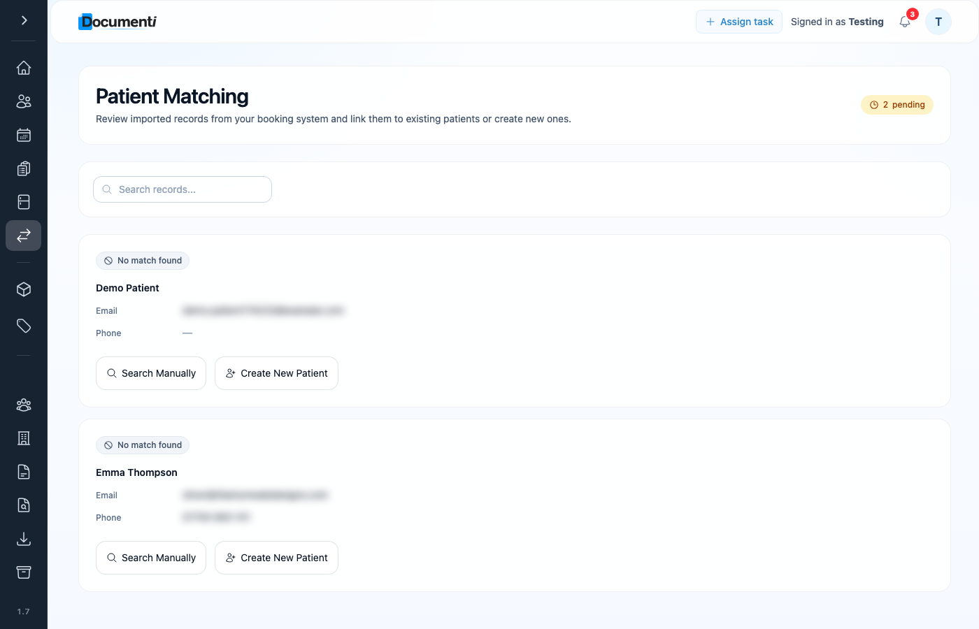 Documenti Patient Matching with Create New Patient and Search Manually