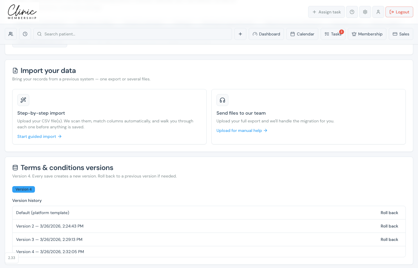 Tenant Settings Data tab with Import your data and both import options