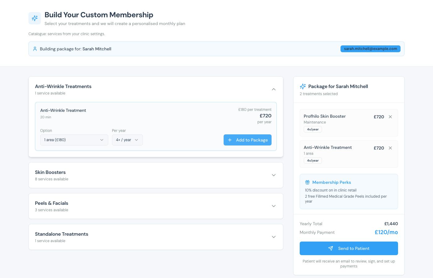 Membership package builder with treatments in the cart