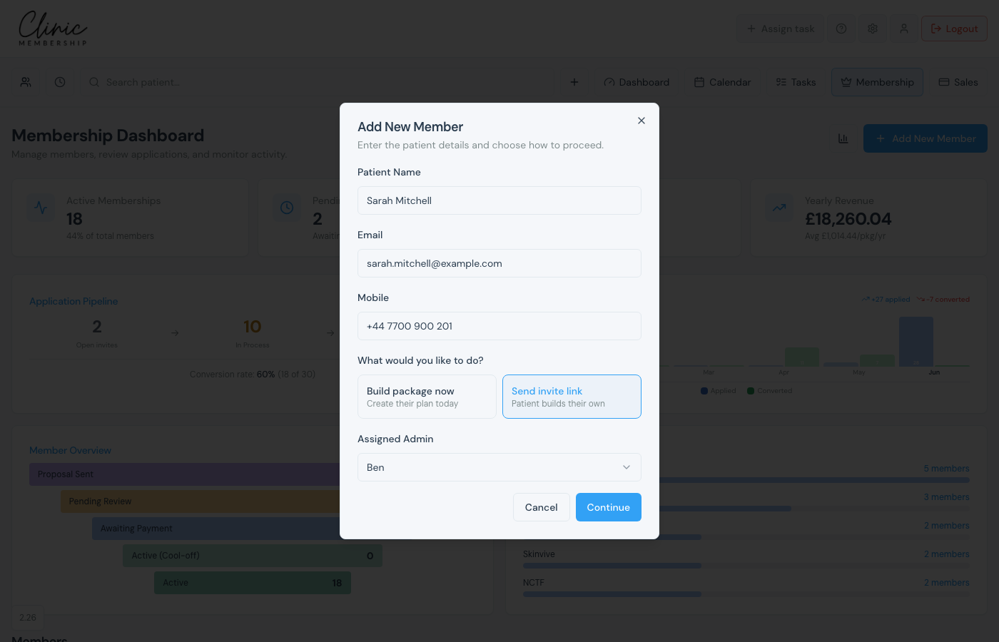 Add New Member dialog with Send invite link selected