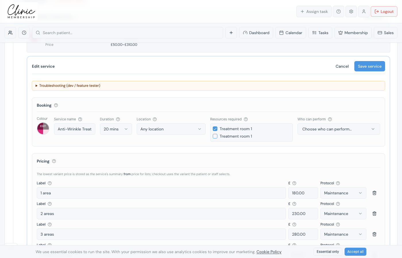 Service edit form with Resources required checkboxes in the Booking section