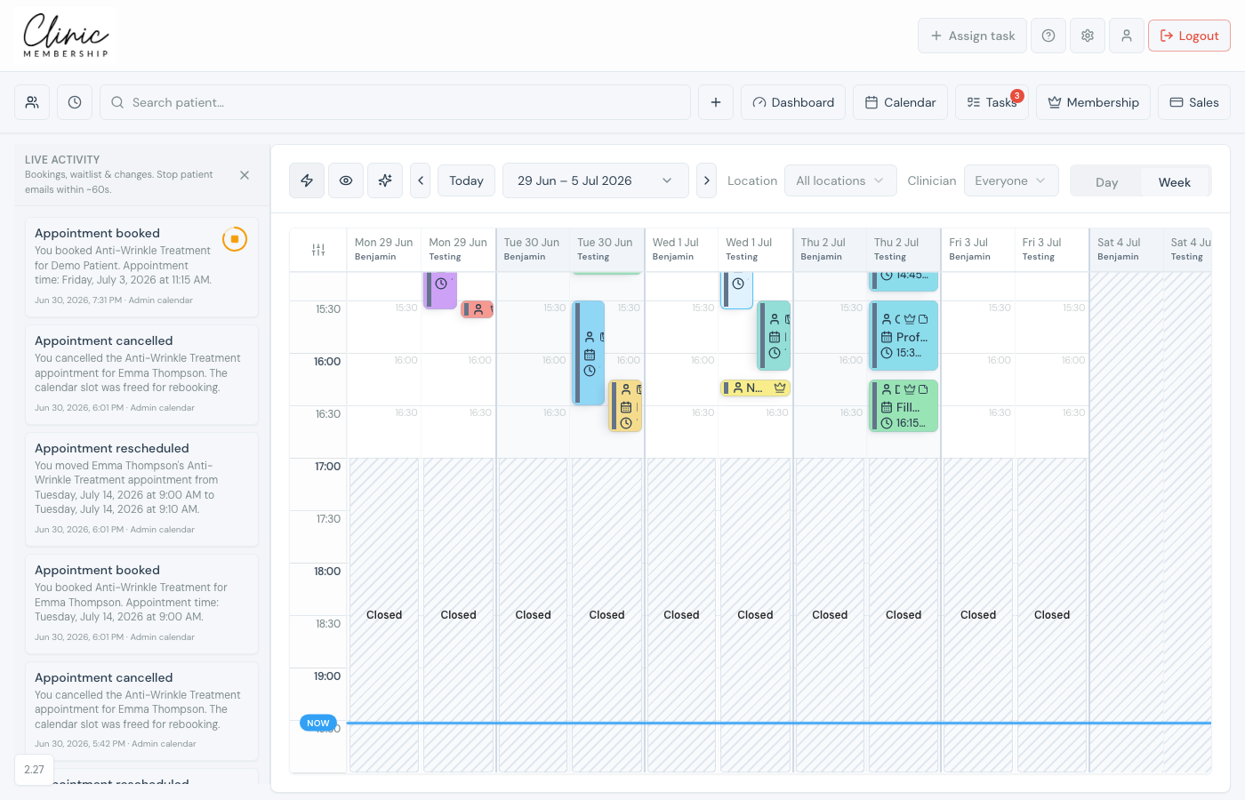 Calendar with Live activity panel open showing a stop-email button on a recent booking