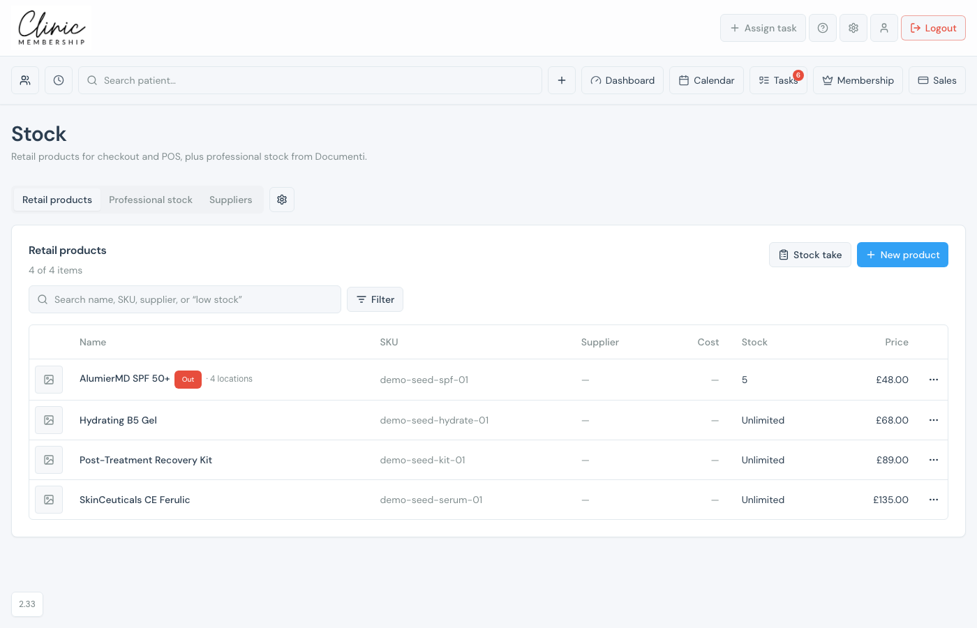 Retail products list on the Stock page with Stock take and New product