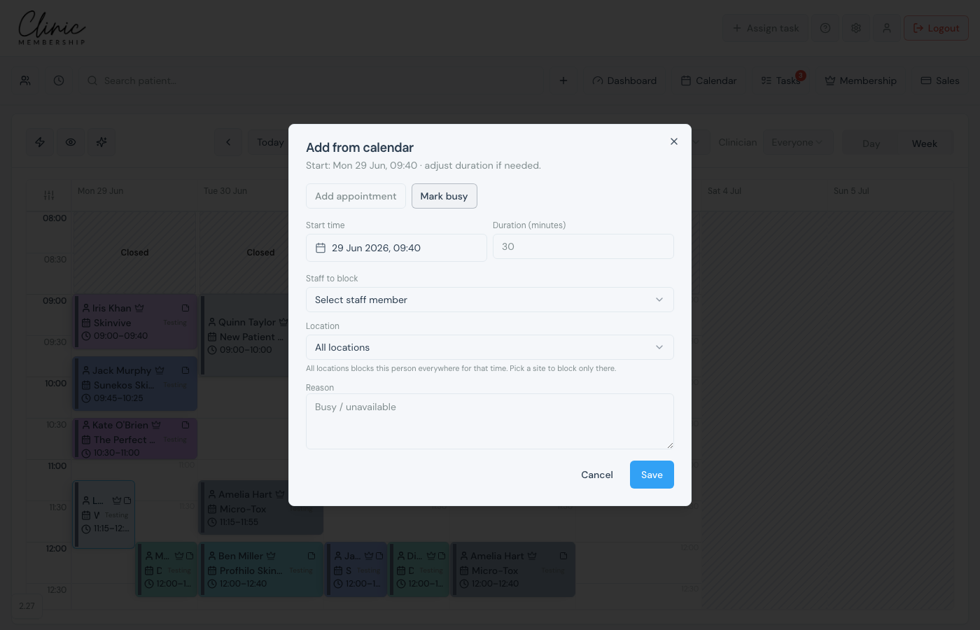 Calendar composer on Mark busy with staff and location fields