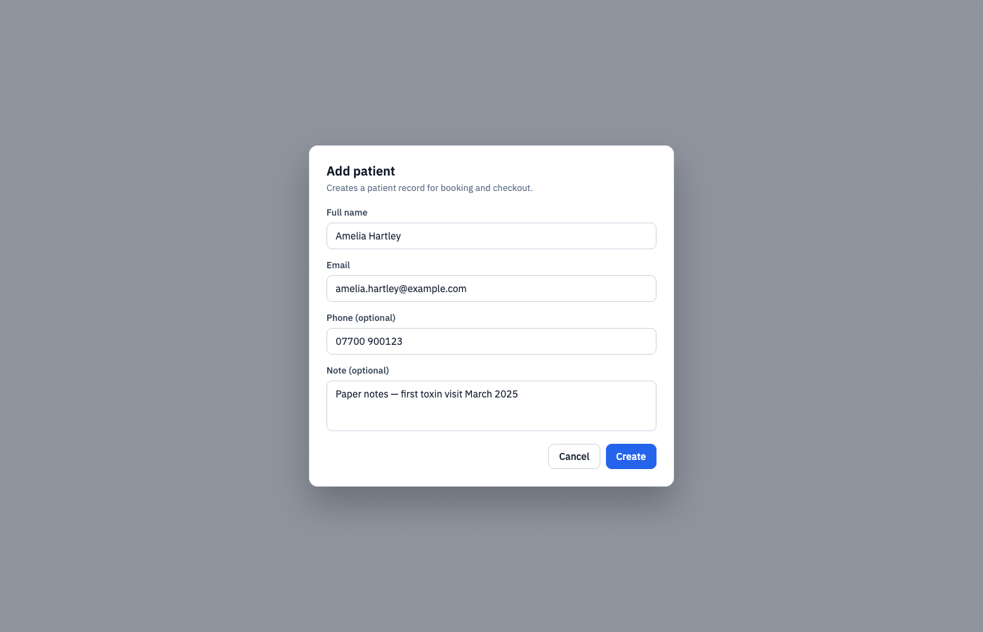 Add patient dialog with full name, email, phone, and optional note